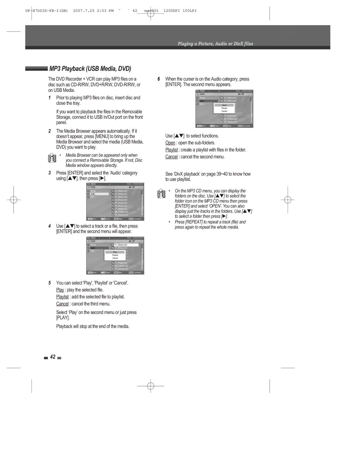 Daewoo DRV-6815 user manual MP3 Playback USB Media, DVD 