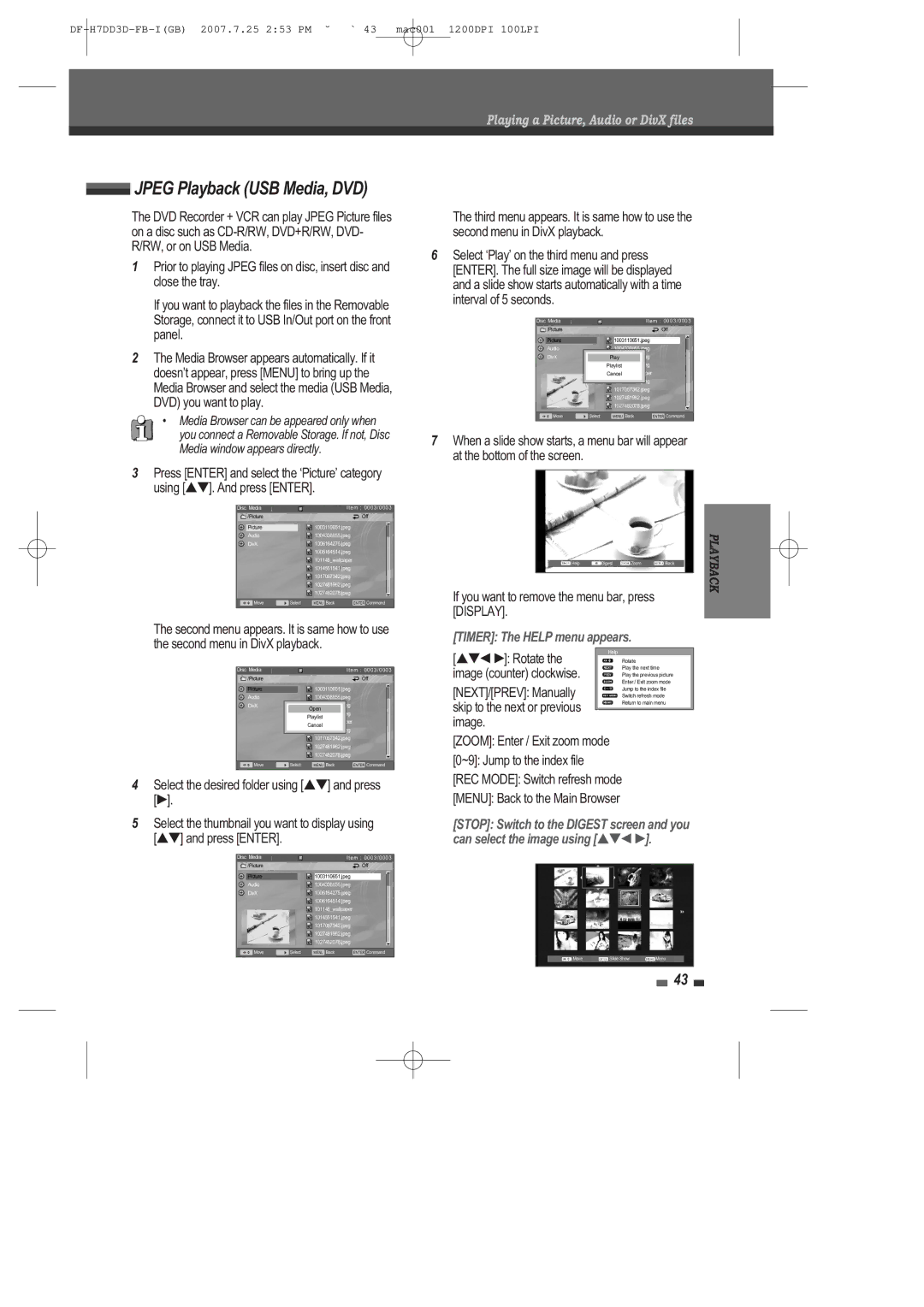 Daewoo DRV-6815 user manual Jpeg Playback USB Media, DVD, Timer The Help menu appears 