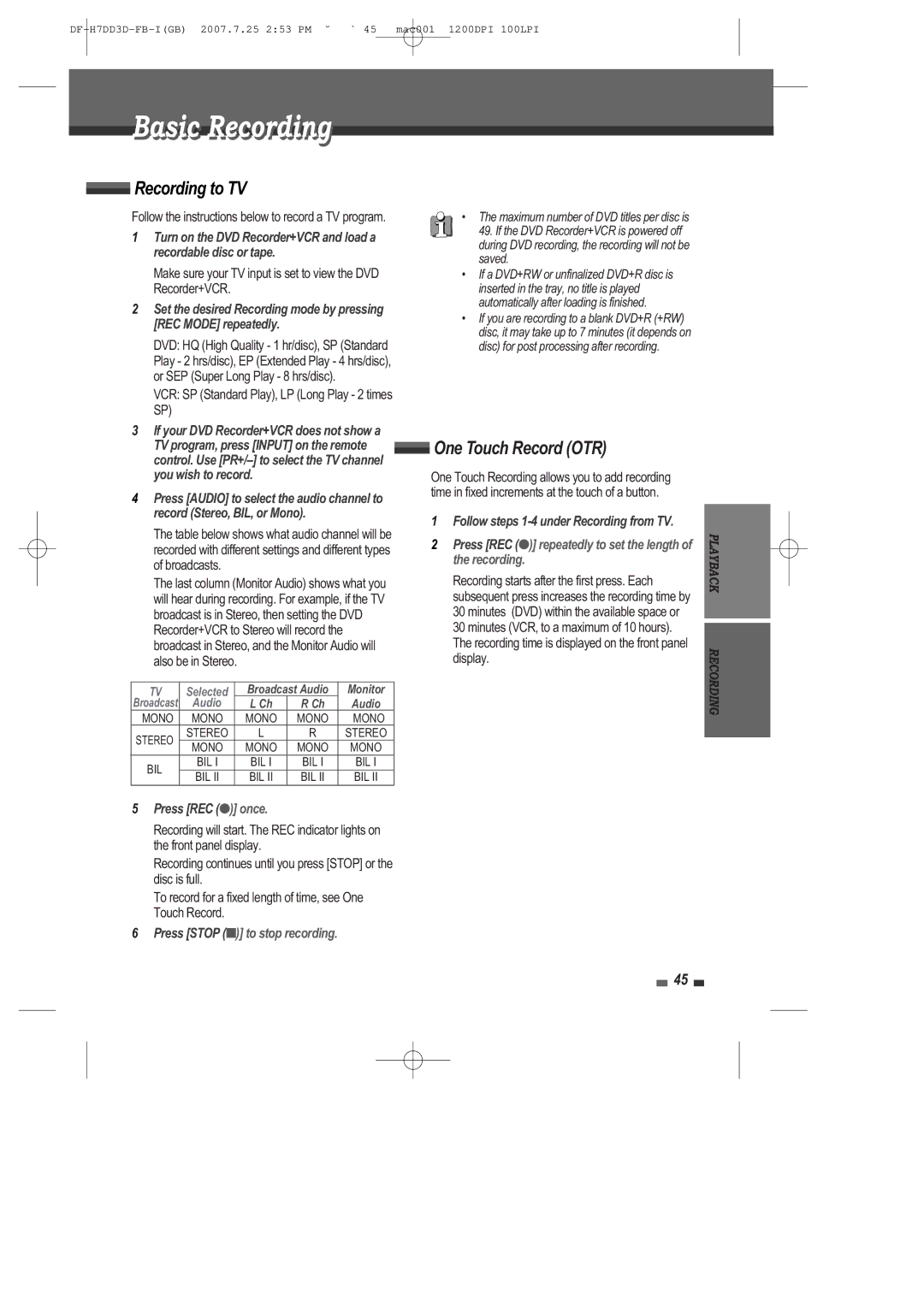 Daewoo DRV-6815 user manual Basic Recording, Recording to TV, One Touch Record OTR 