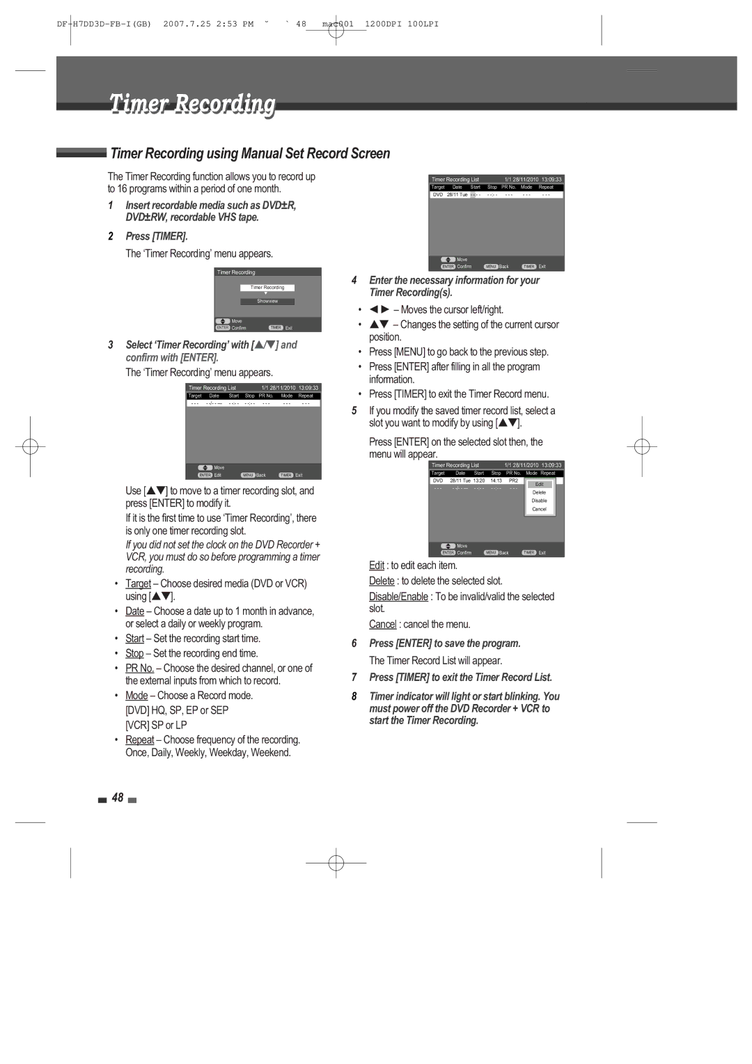 Daewoo DRV-6815 user manual Timer Recording using Manual Set Record Screen 