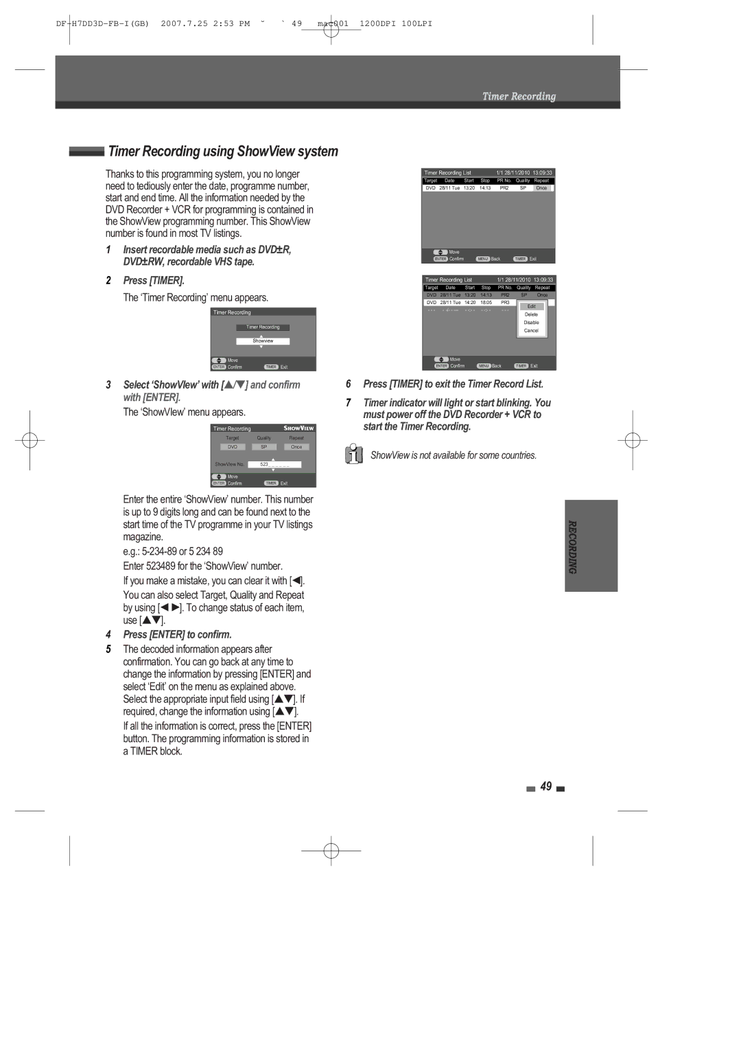 Daewoo DRV-6815 Timer Recording using ShowView system, Select ÔShowVIewÕ with É Confirm With Enter, Press Enter to confirm 