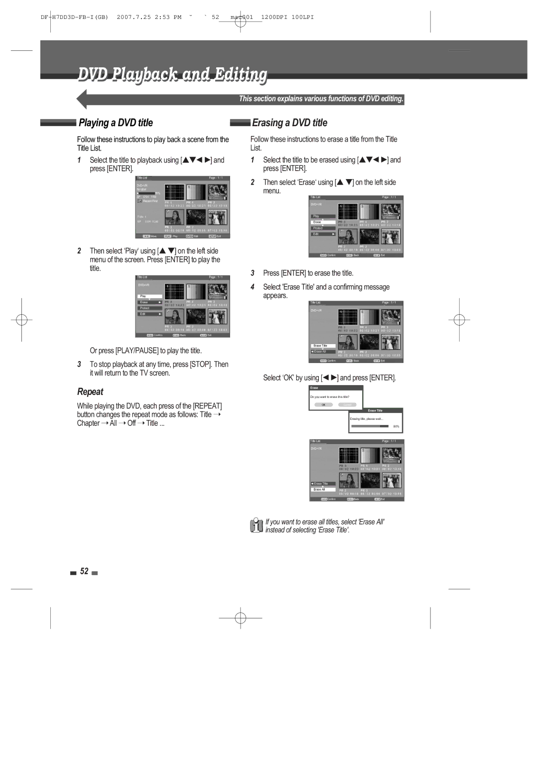 Daewoo DRV-6815 user manual DVD Playback and Editing, Playing a DVD title, Erasing a DVD title 