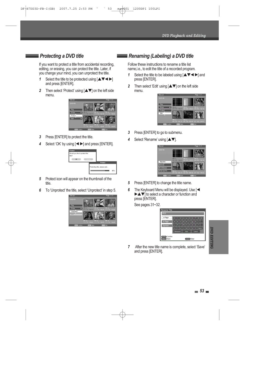 Daewoo DRV-6815 Protecting a DVD title, Renaming Labeling a DVD title, Press Enter to go to submenu Select RenameÕ using É 