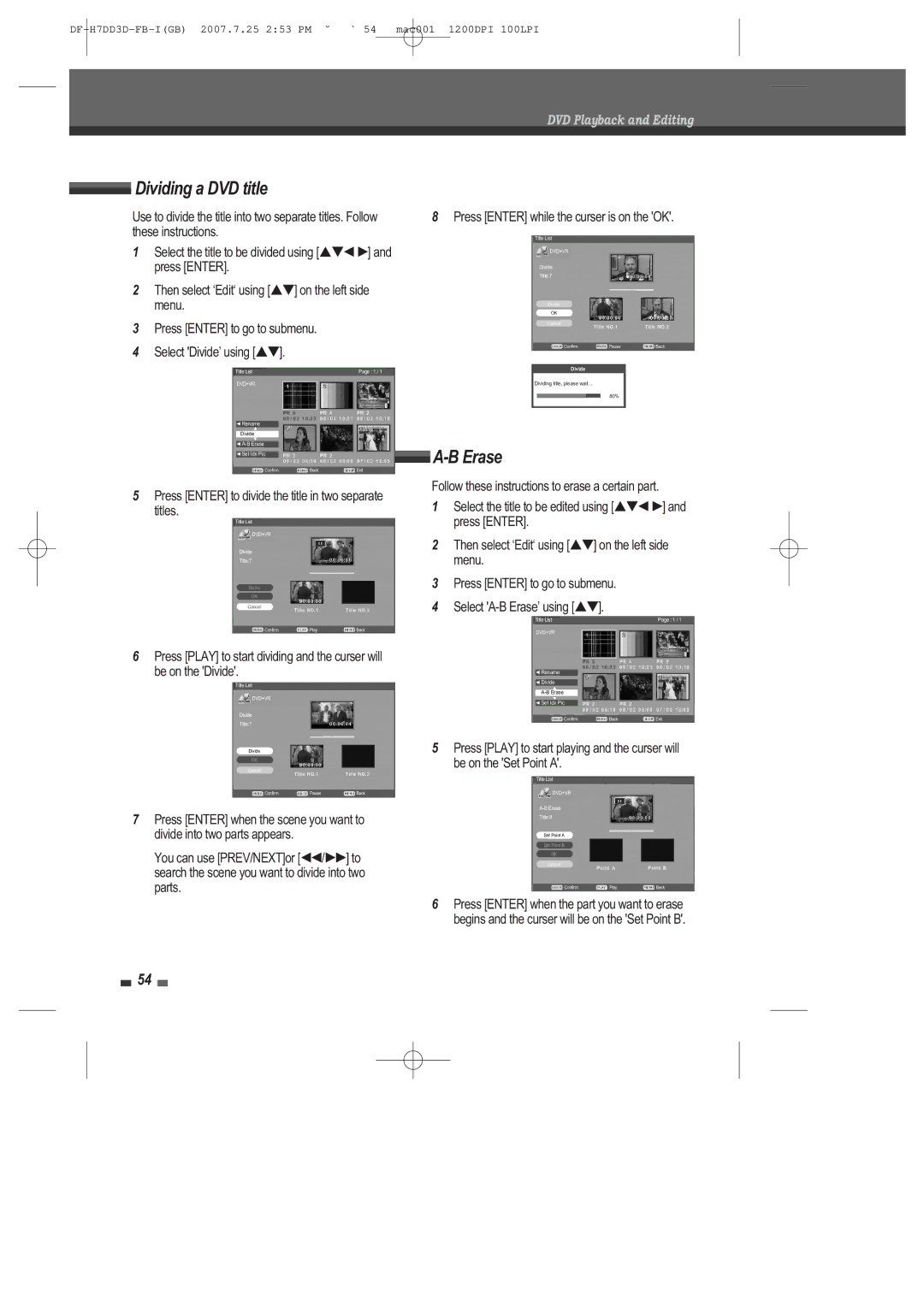 Daewoo DRV-6815 user manual Dividing a DVD title, Erase, Press Enter while the curser is on the OK 