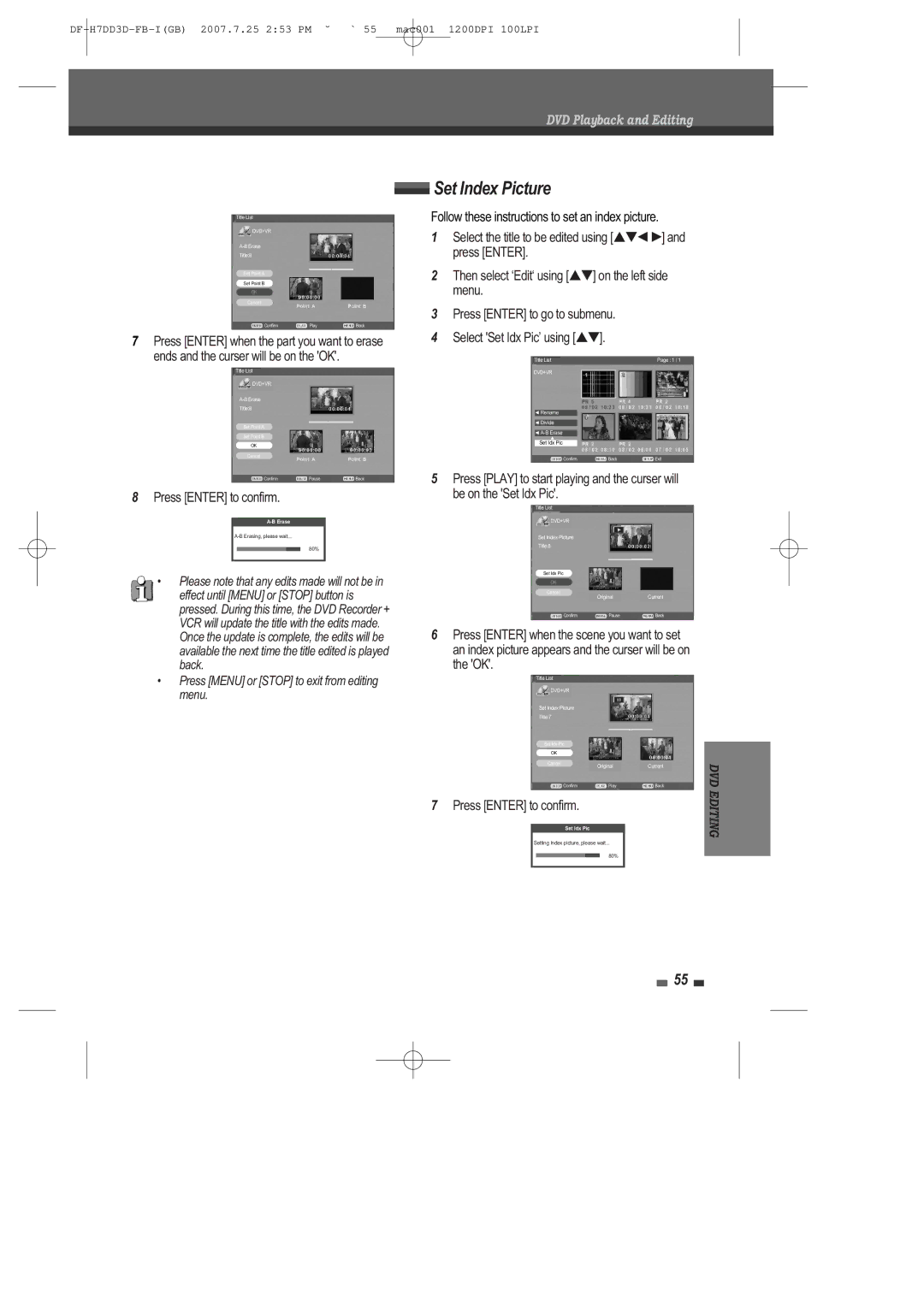 Daewoo DRV-6815 user manual Set Index Picture, Press Enter to confirm 