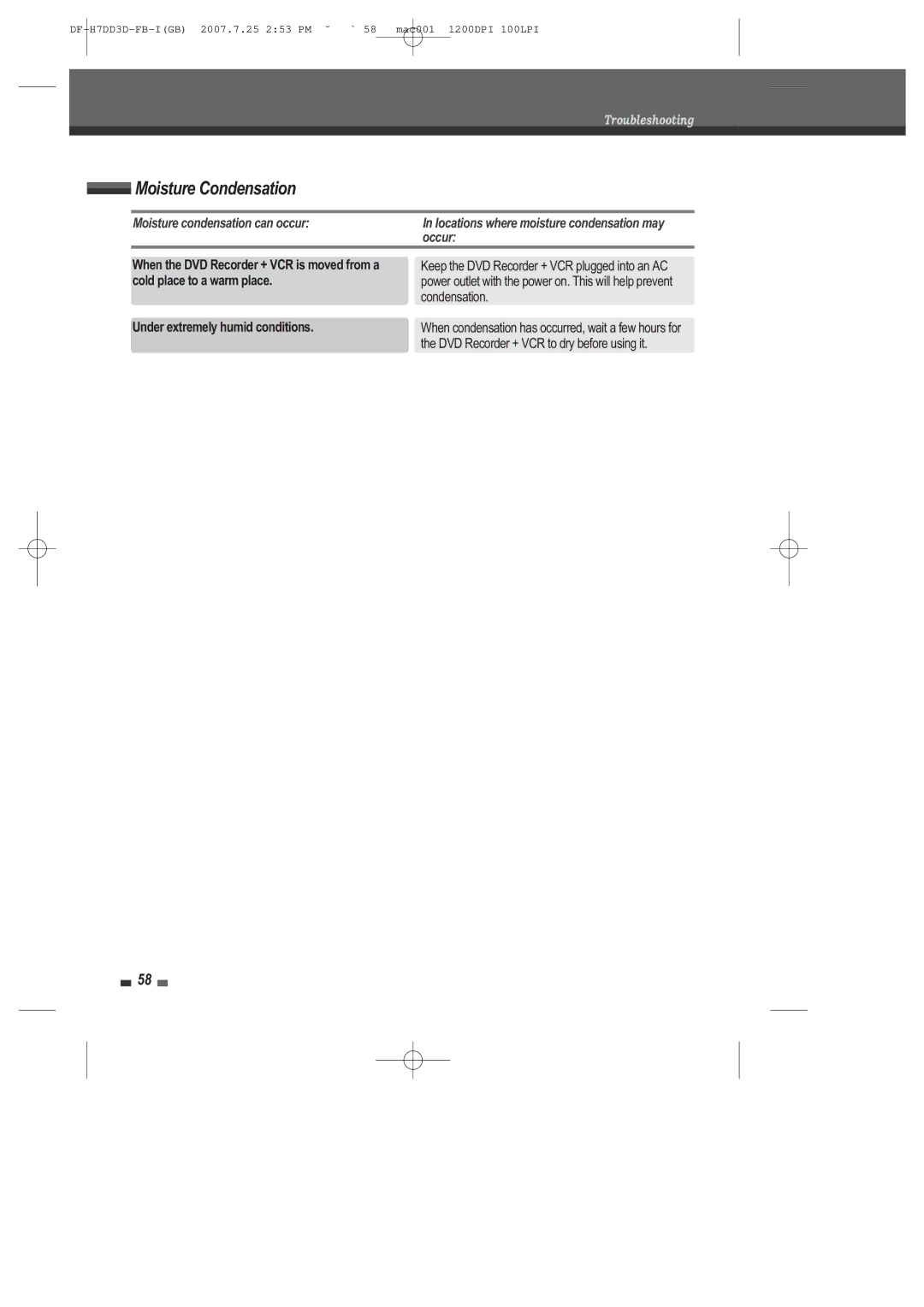 Daewoo DRV-6815 user manual Moisture Condensation 