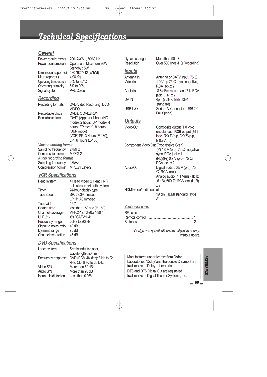 Daewoo DRV-6815 user manual Technical Specifications, Video recording format, Audio recording format 