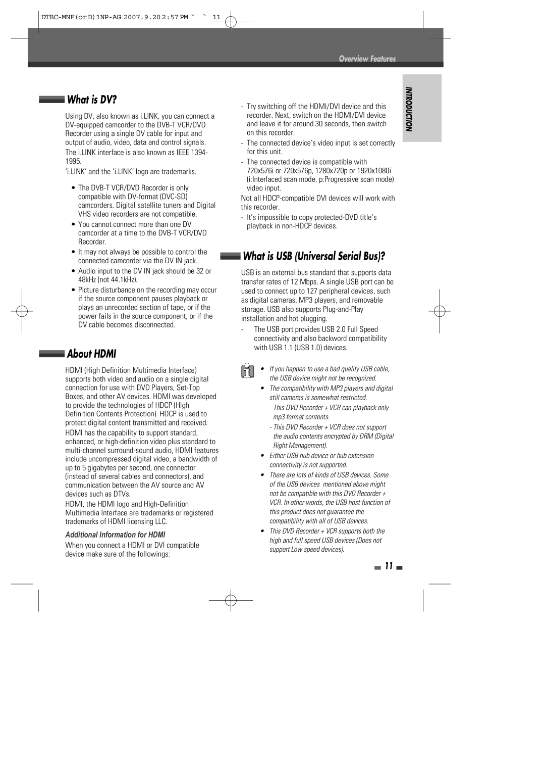 Daewoo DRVT-40, DRVT-43 What is DV?, About Hdmi, What is USB Universal Serial Bus?, Additional Information for Hdmi 