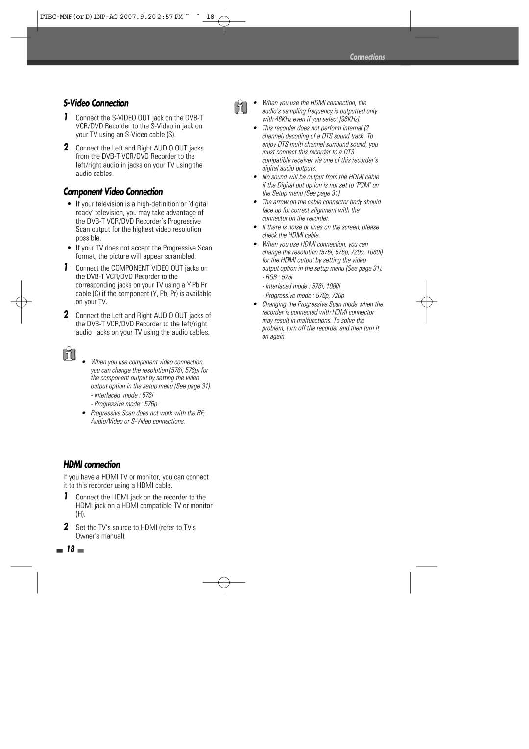 Daewoo DRVT-43, DRVT-40 instruction manual Component Video Connection, Hdmi connection 