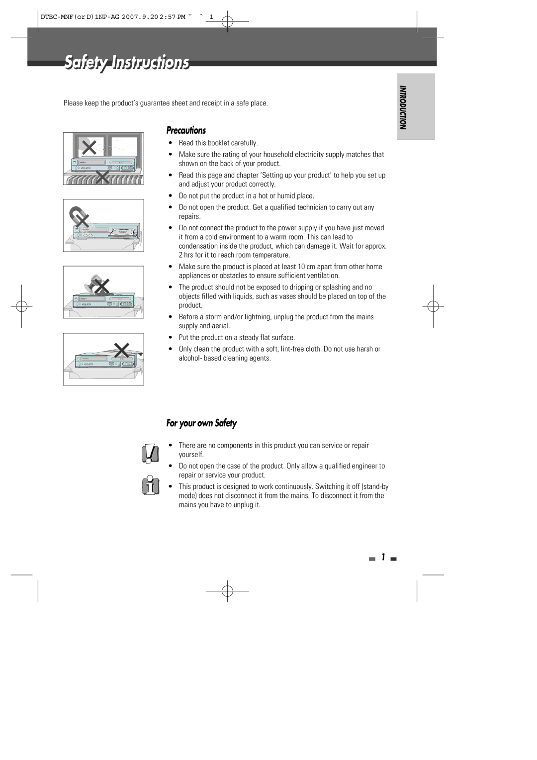 Daewoo DRVT-40, DRVT-43 Safetyty InstructionsI t ti, Precautions, For your own Safety, Read this booklet carefully 