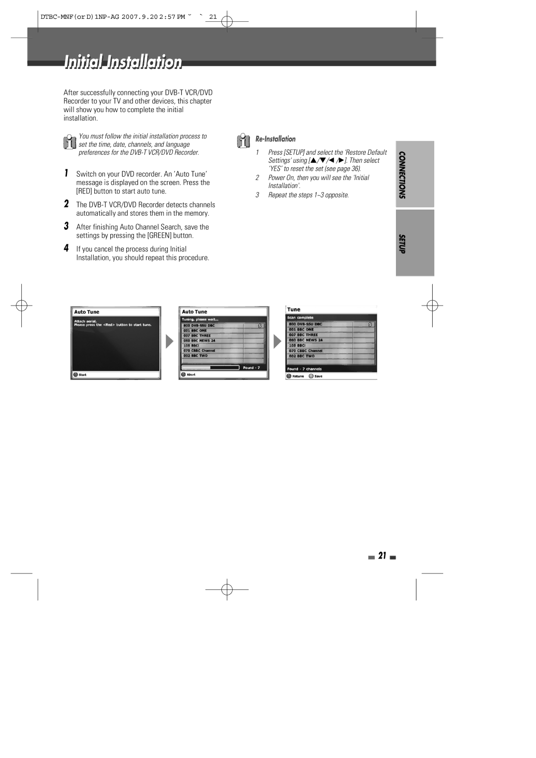 Daewoo DRVT-40, DRVT-43 instruction manual Initial Installation, Re-Installation 