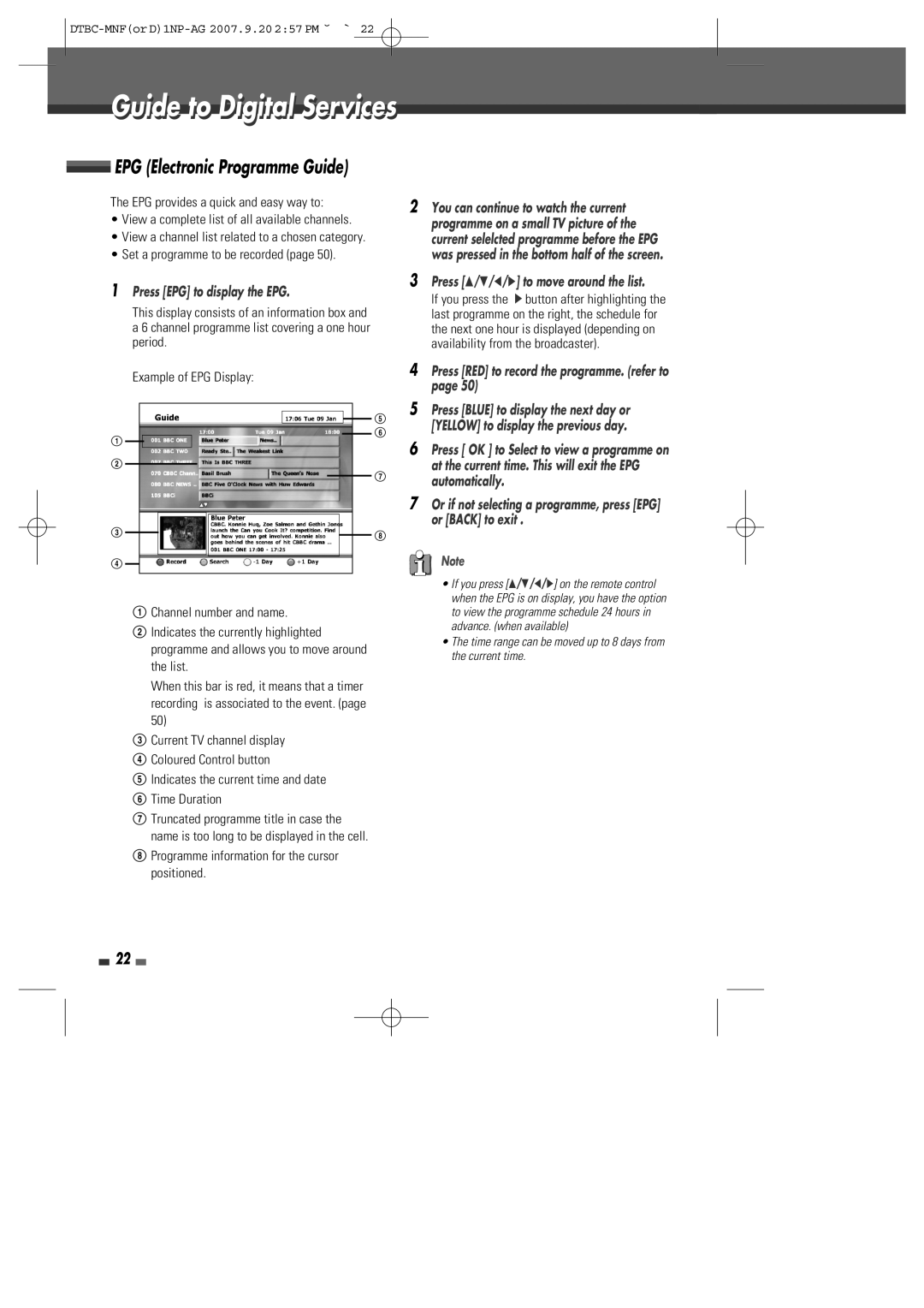 Daewoo DRVT-43, DRVT-40 Guide to Digital Services, EPG Electronic Programme Guide, Press EPG to display the EPG 