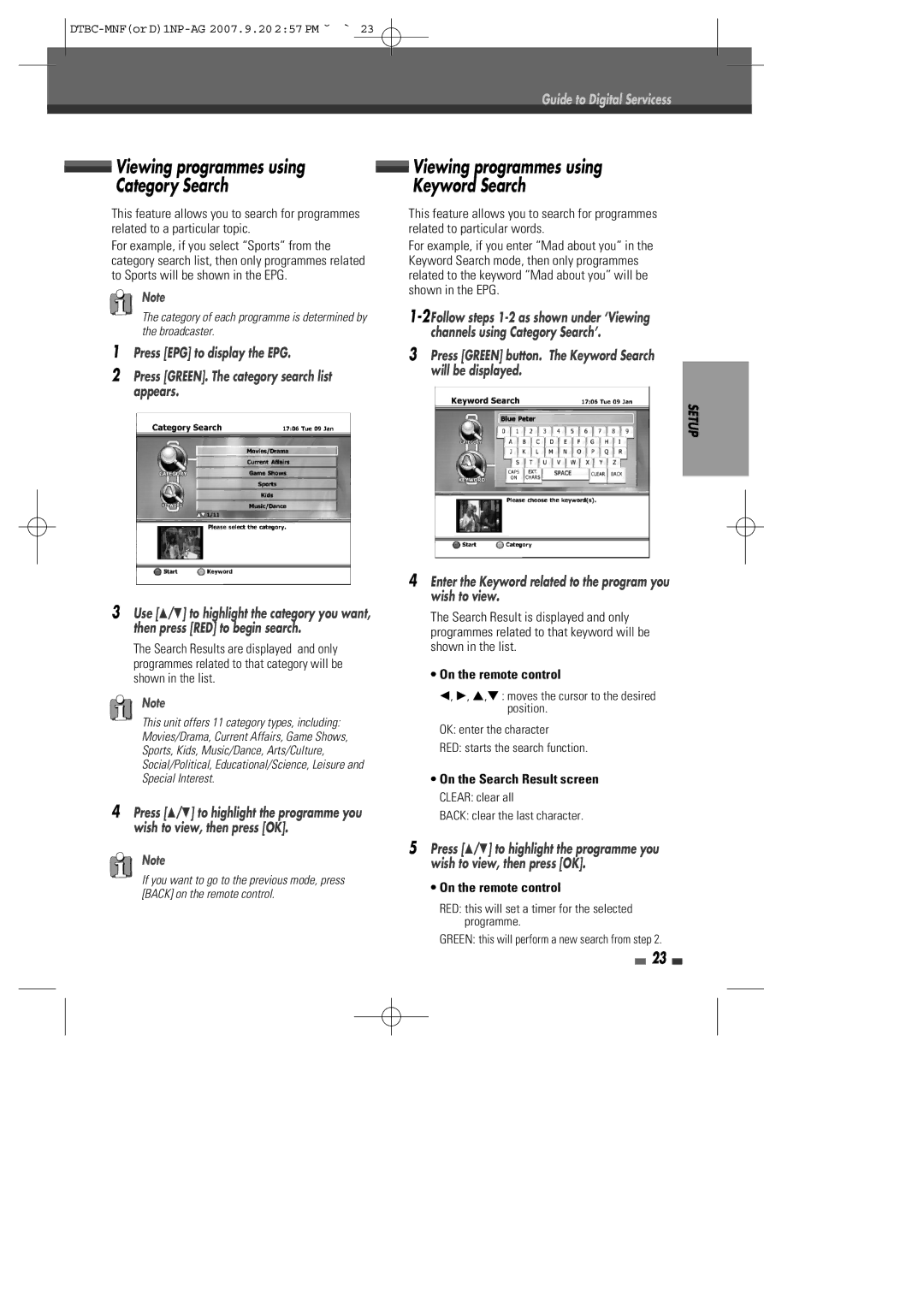 Daewoo DRVT-40, DRVT-43 instruction manual Viewing programmes using Category Search Keyword Search 