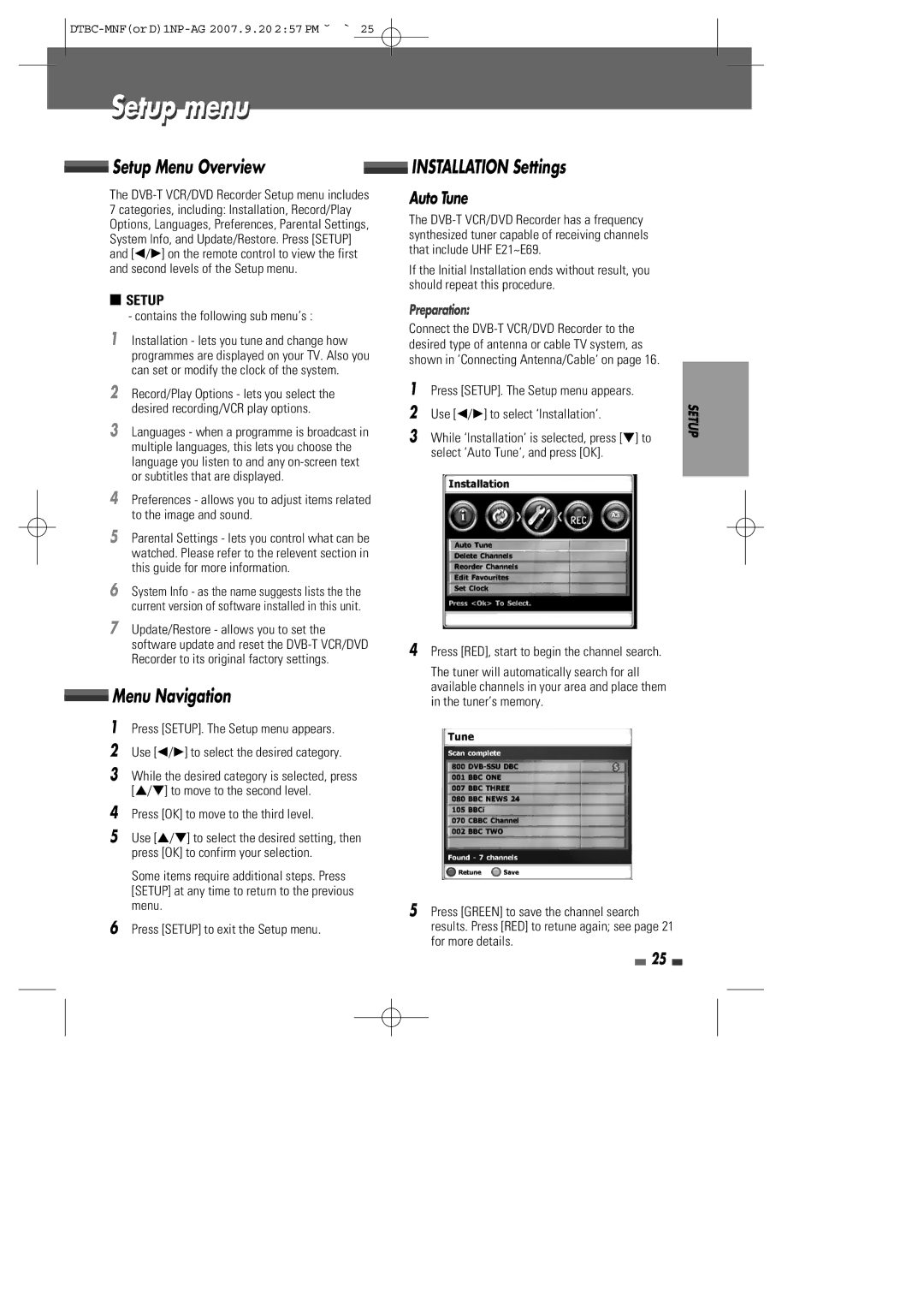 Daewoo DRVT-40, DRVT-43 instruction manual Setup menu, Setup Menu Overview, Menu Navigation, Auto Tune, Preparation 