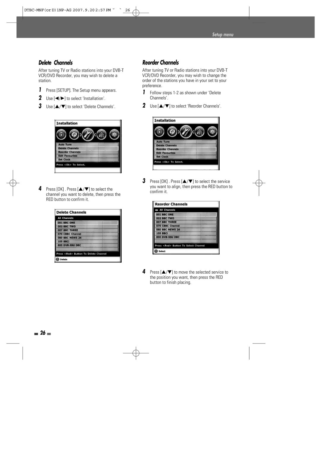 Daewoo DRVT-43, DRVT-40 instruction manual Delete Channels, Reorder Channels 