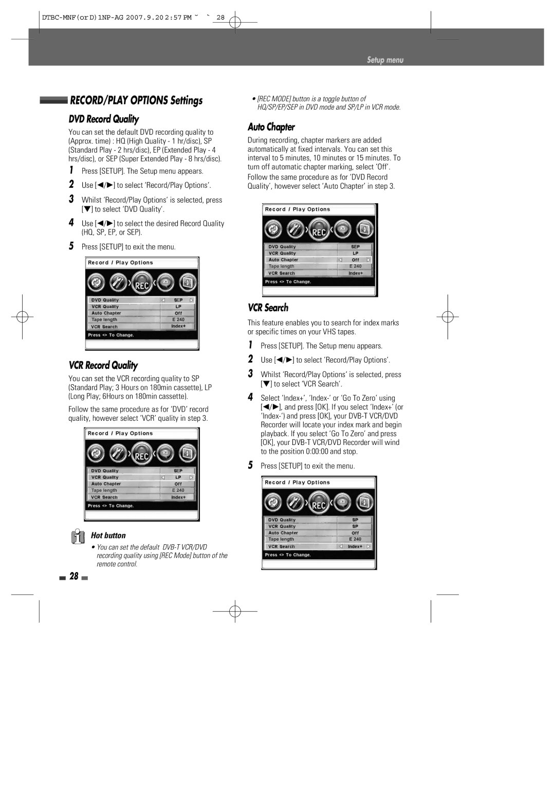 Daewoo DRVT-43 RECORD/PLAY Options Settings DVD Record Quality, VCR Record Quality, Auto Chapter, VCR Search, Hot button 