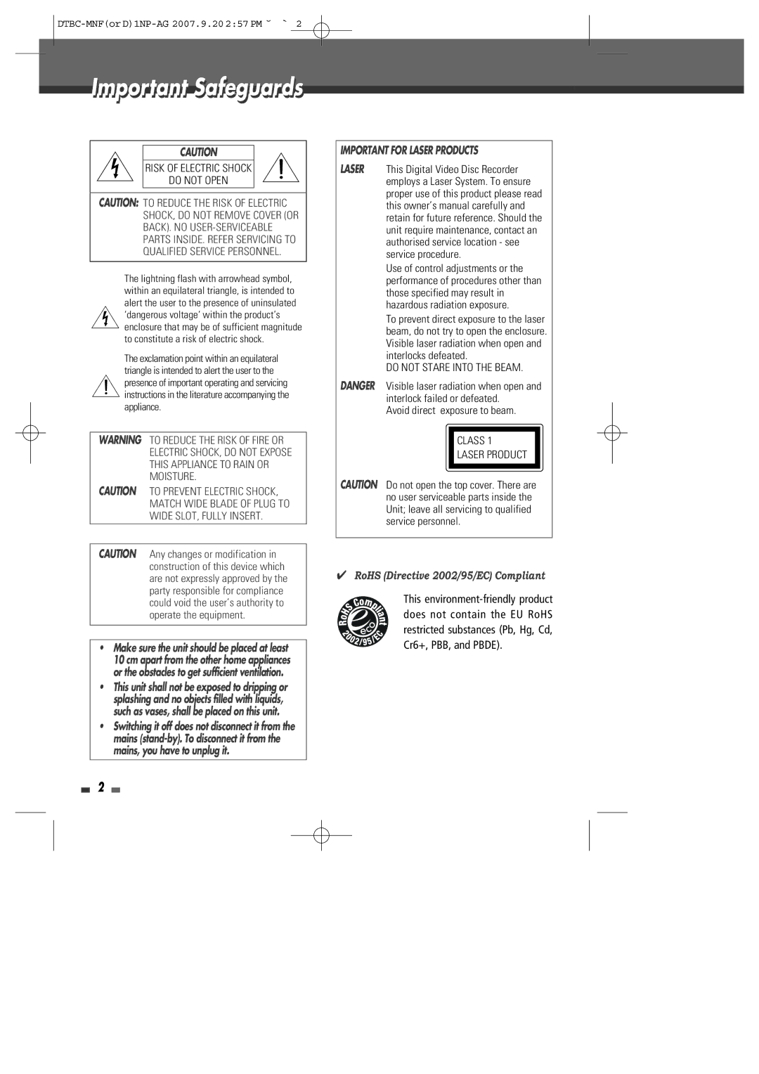 Daewoo DRVT-43, DRVT-40 instruction manual Important Safeguards, Avoid direct exposure to beam 