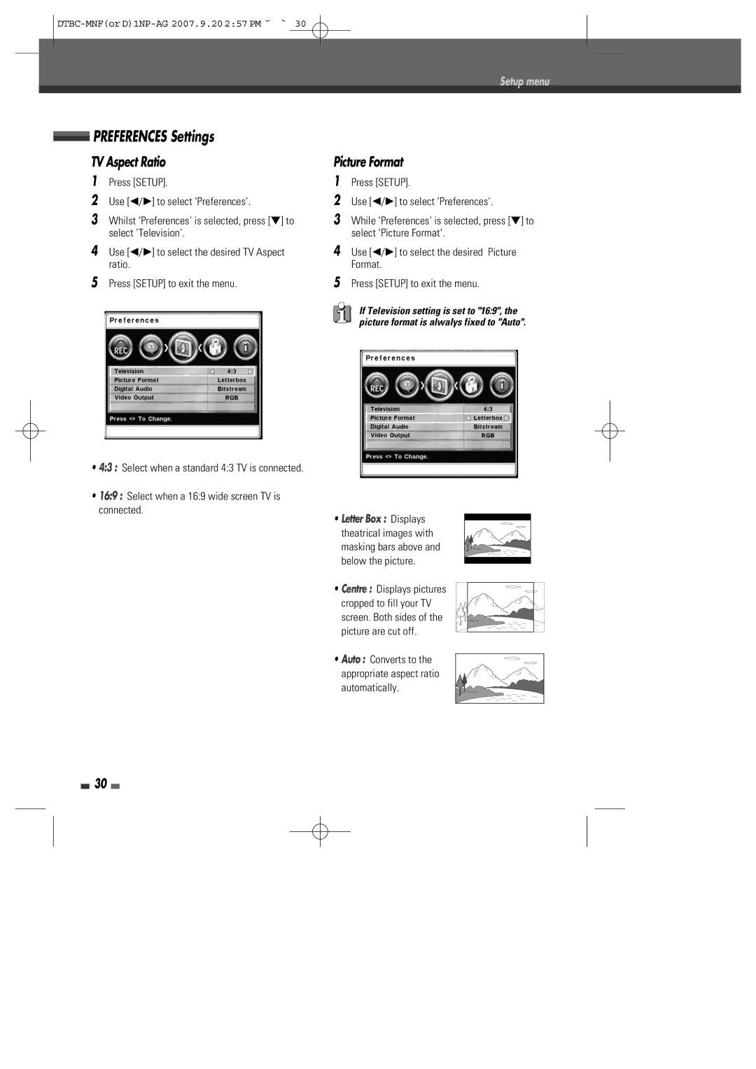 Daewoo DRVT-43 Preferences Settings, TV Aspect Ratio, Picture Format, Select when a 169 wide screen TV is connected 