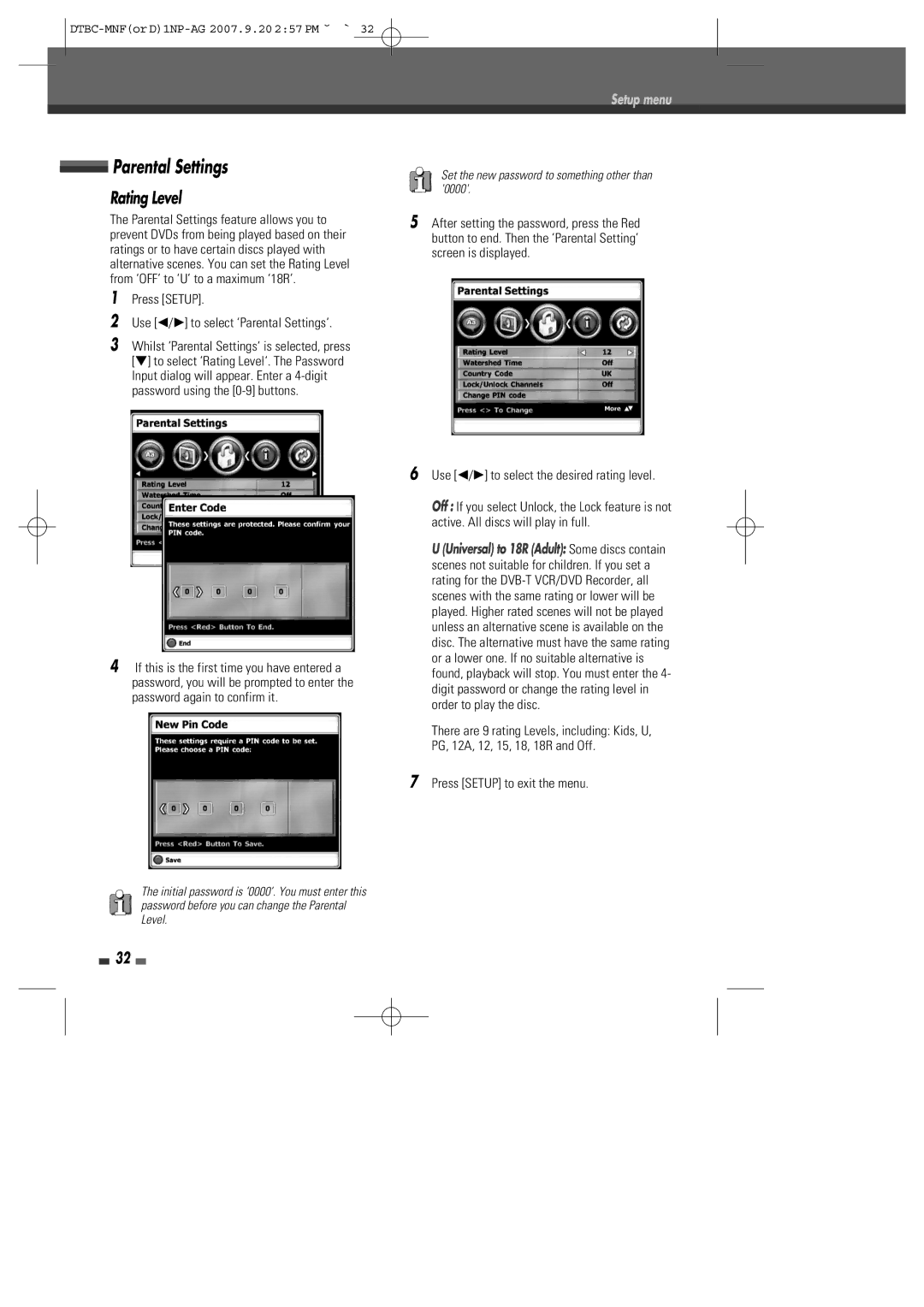 Daewoo DRVT-43, DRVT-40 instruction manual Rating Level, Press Setup Use œ/√ to select ‘Parental Settings‘ 