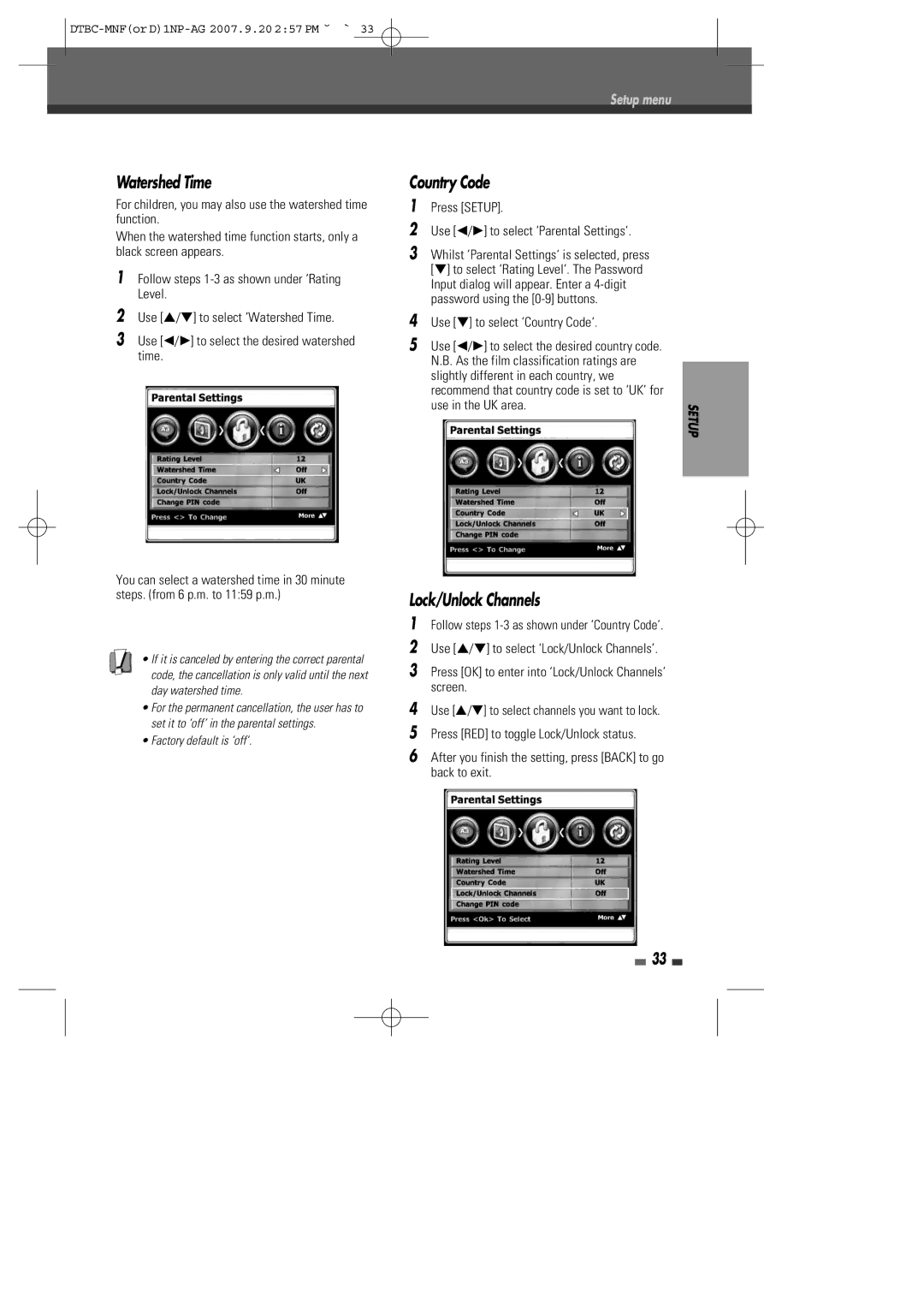 Daewoo DRVT-40, DRVT-43 instruction manual Watershed Time, Country Code, Lock/Unlock Channels, Use in the UK area 