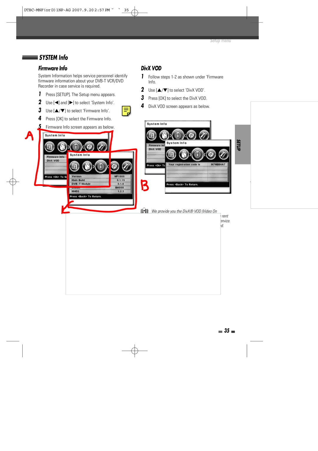 Daewoo DRVT-40, DRVT-43 instruction manual System Info, Firmware Info, DivX VOD 