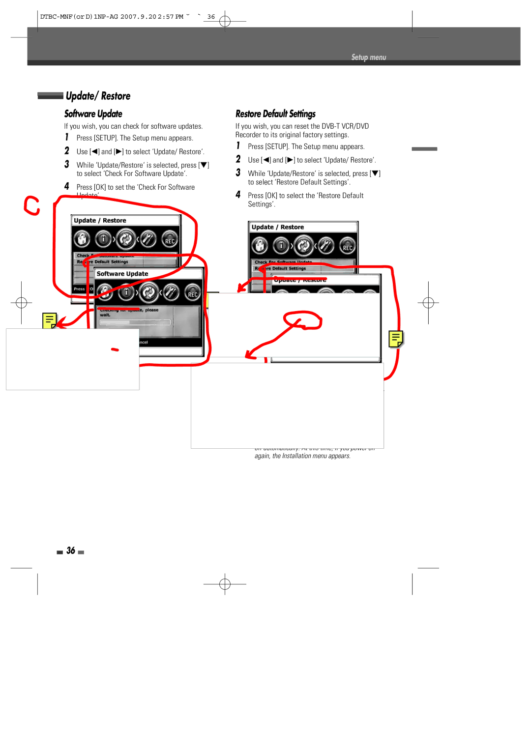 Daewoo DRVT-43, DRVT-40 instruction manual Update/ Restore, Software Update, Restore Default Settings 