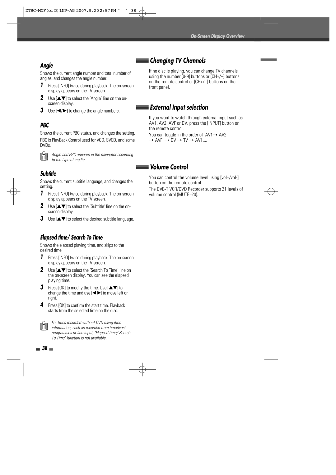 Daewoo DRVT-43, DRVT-40 instruction manual Changing TV Channels, External Input selection, Volume Control 