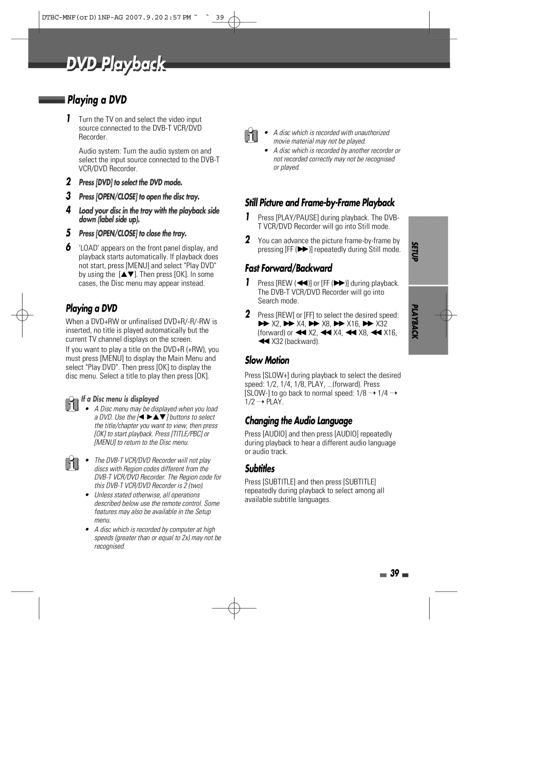 Daewoo DRVT-40, DRVT-43 instruction manual Fast Forward/Backward, Slow Motion, Changing the Audio Language, Subtitles 