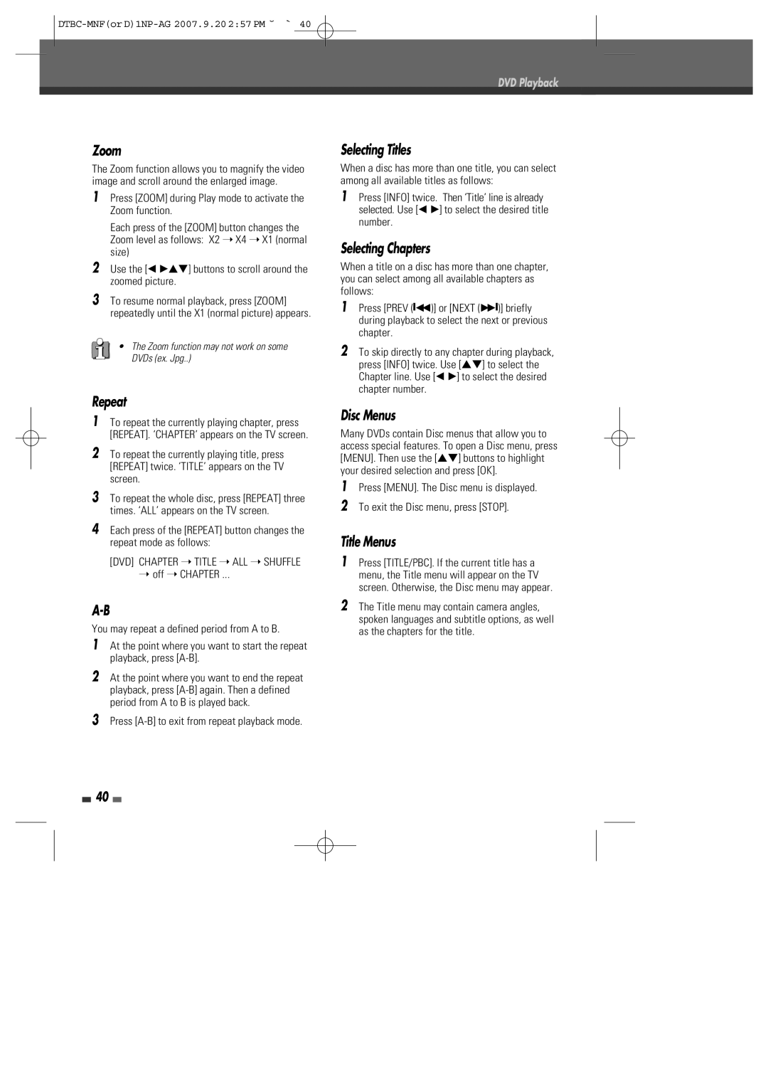 Daewoo DRVT-43, DRVT-40 instruction manual Zoom, Repeat, Selecting Chapters, Disc Menus, Title Menus 