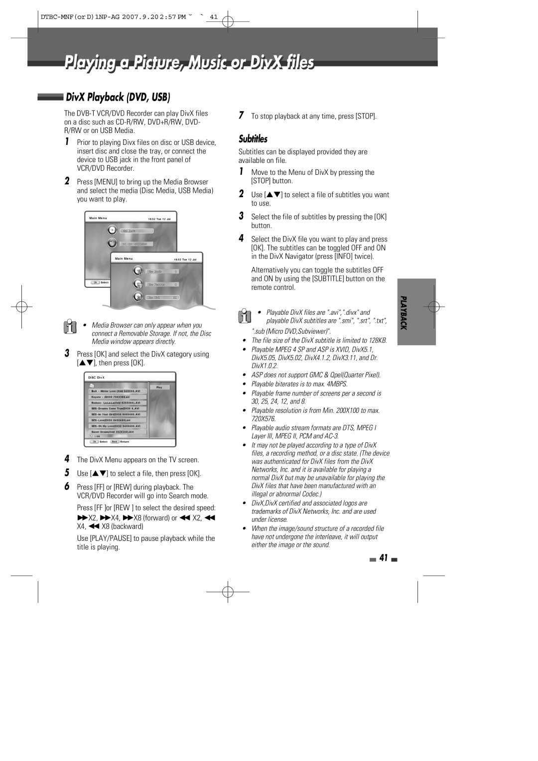 Daewoo DRVT-40, DRVT-43 instruction manual Playingl i a Picture,i t , Musicic or DivXi filesil, DivX Playback DVD, USB 