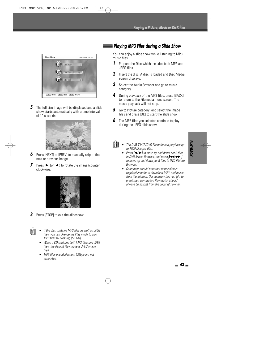 Daewoo DRVT-40, DRVT-43 instruction manual Playing MP3 Files during a Slide Show 