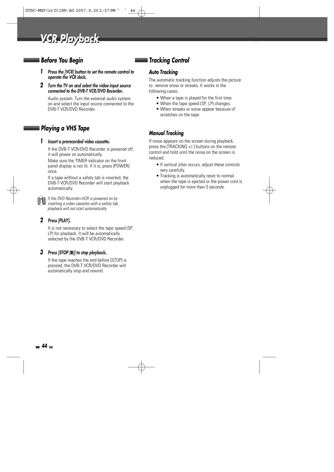 Daewoo DRVT-43, DRVT-40 instruction manual VCR Playbackl, Before You Begin, Playing a VHS Tape 