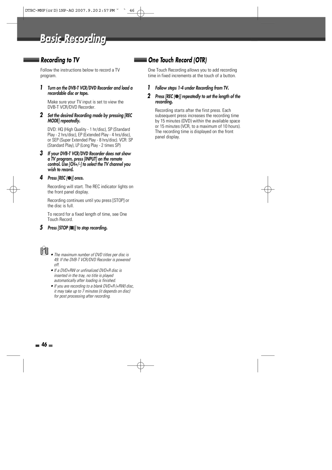 Daewoo DRVT-43, DRVT-40 instruction manual Basicic Recordingi, Recording to TV, Press REC once, Press Stop to stop recording 