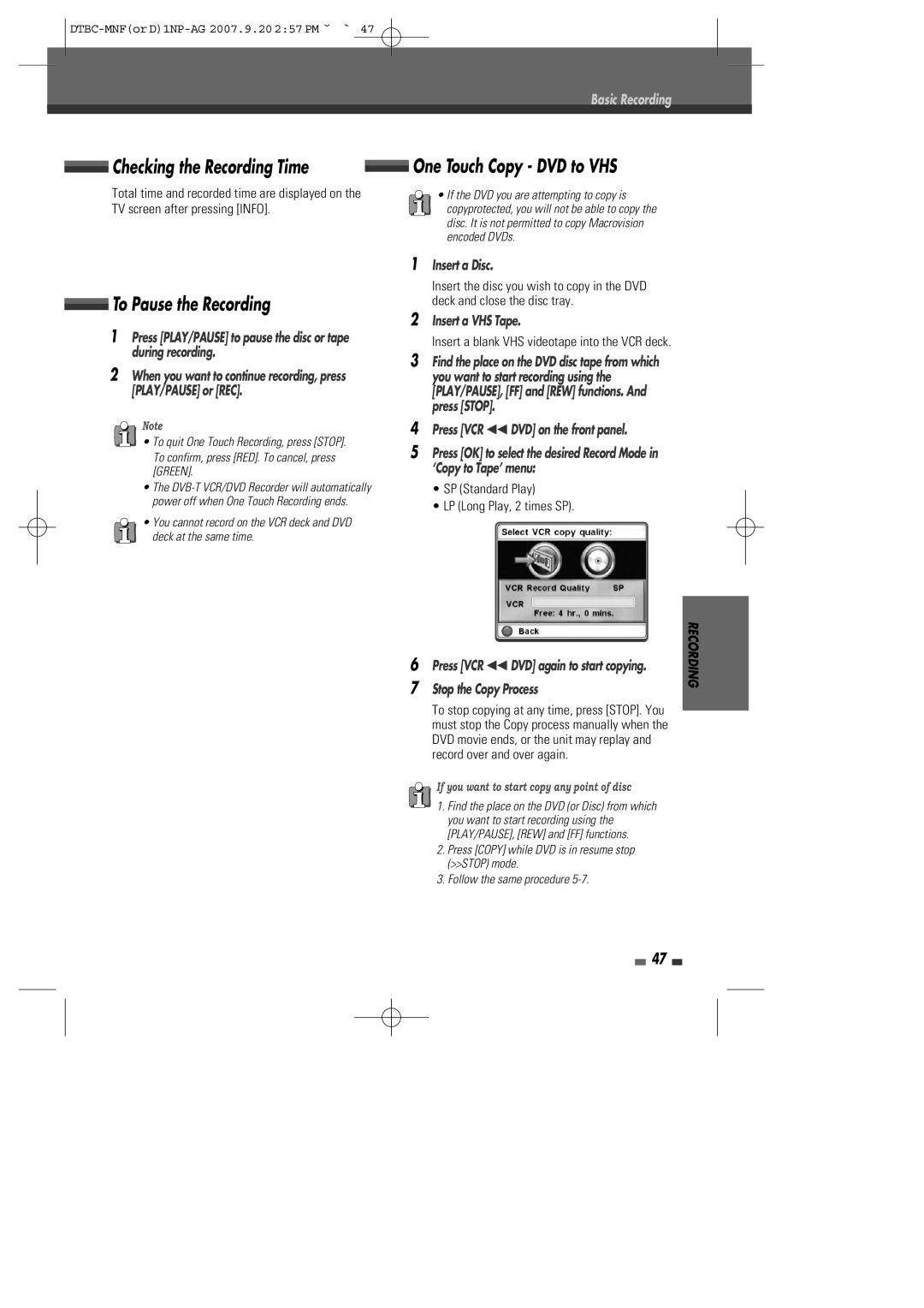 Daewoo DRVT-40, DRVT-43 instruction manual To Pause the Recording, Checking the Recording Time 