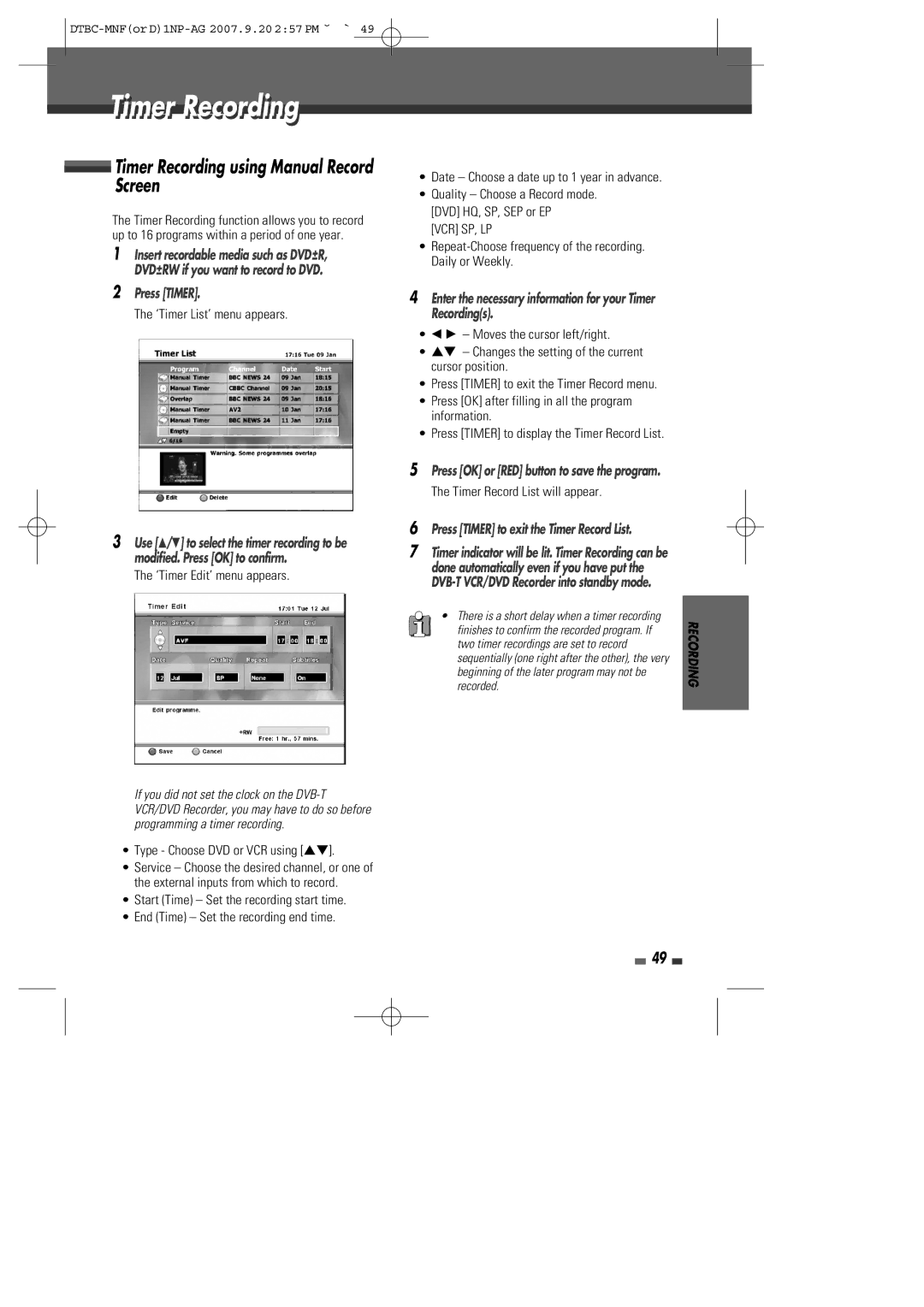 Daewoo DRVT-40, DRVT-43 instruction manual Timeri Recordingi, Timer Recording using Manual Record Screen, Press Timer 