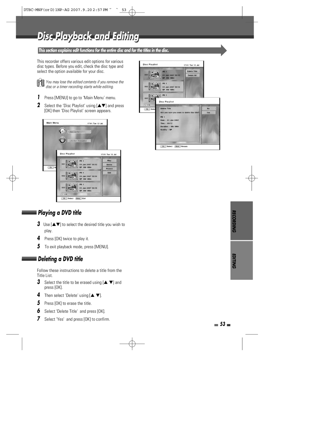 Daewoo DRVT-40, DRVT-43 instruction manual Disci Playbackl and Editingiti, Playing a DVD title, Deleting a DVD title 