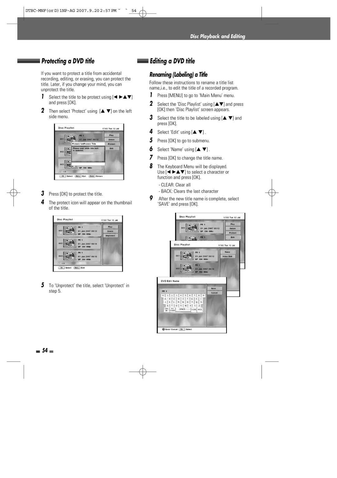 Daewoo DRVT-43, DRVT-40 instruction manual Protecting a DVD title, Renaming Labeling a Title, Editing a DVD title 