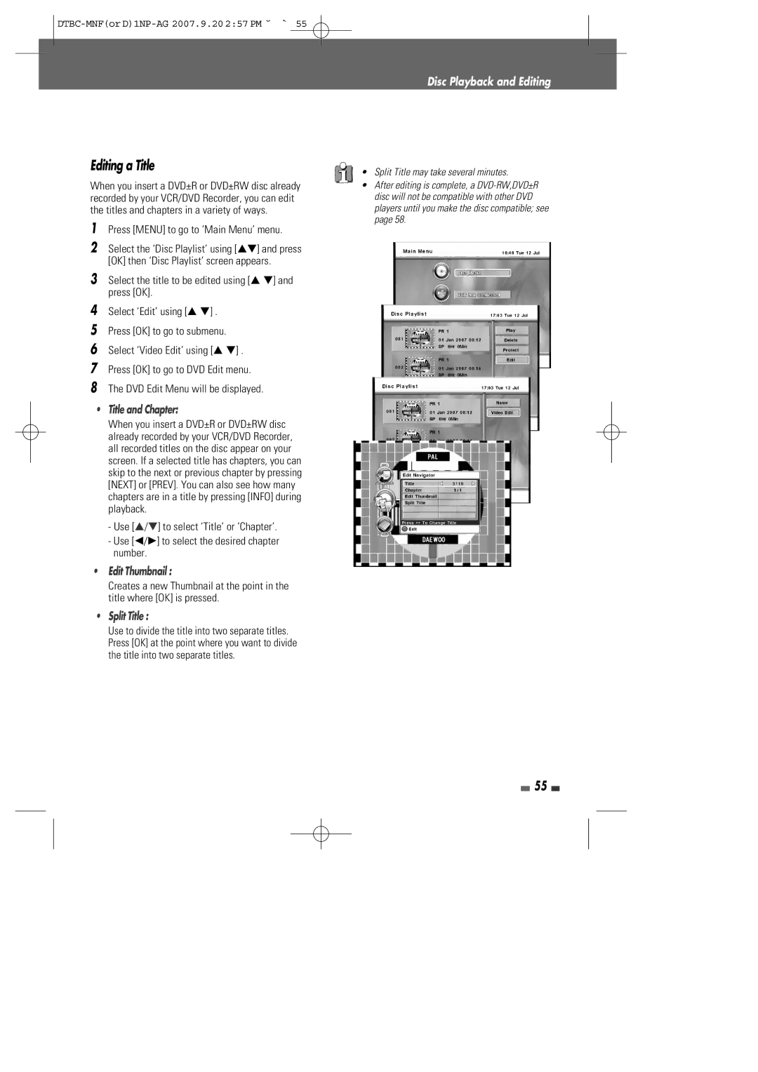 Daewoo DRVT-40, DRVT-43 instruction manual Editing a Title, Title and Chapter, Edit Thumbnail, Split Title 