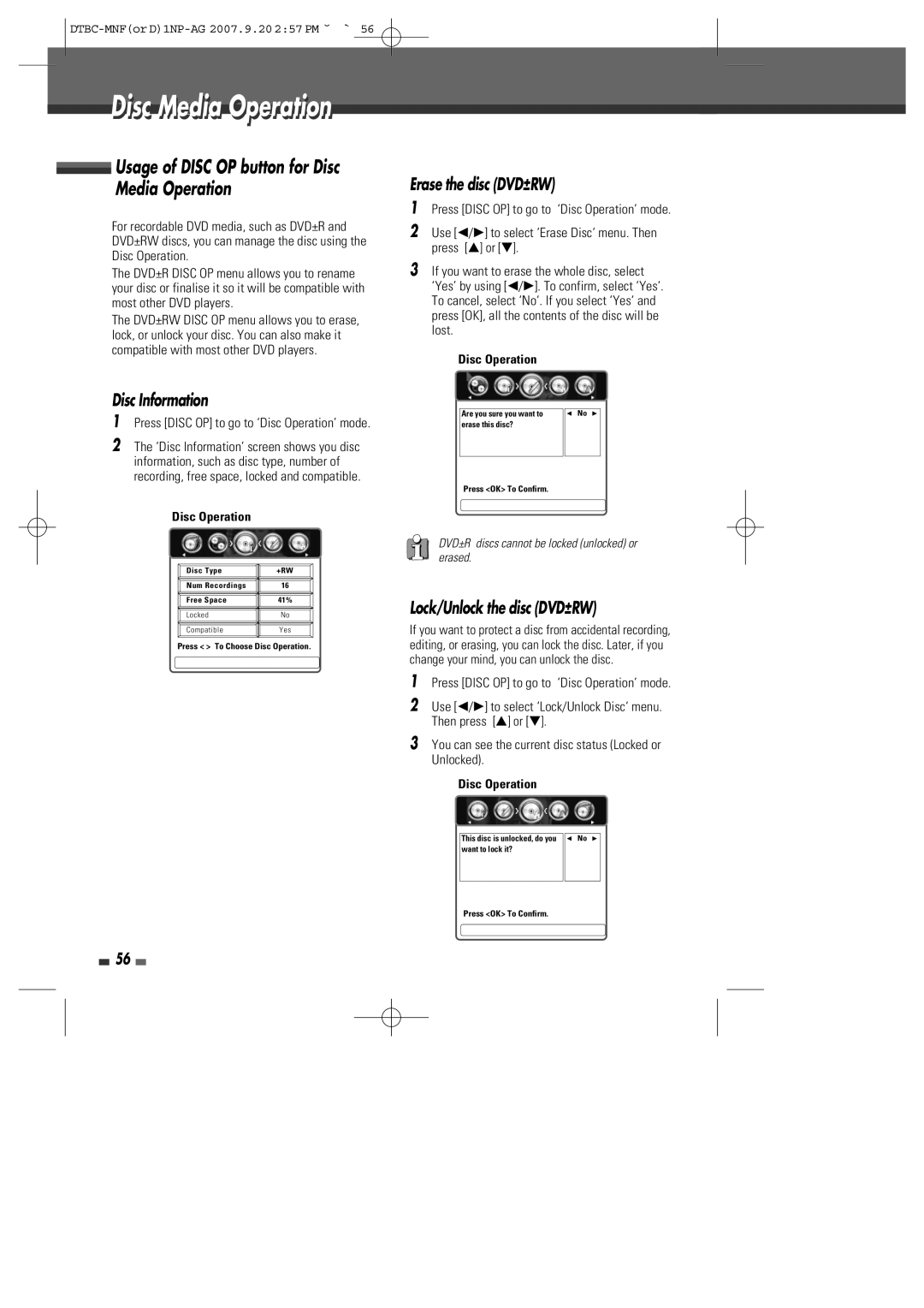 Daewoo DRVT-43, DRVT-40 Usage of Disc OP button for Disc Media Operation, Disc Information, Erase the disc DVD±RW 