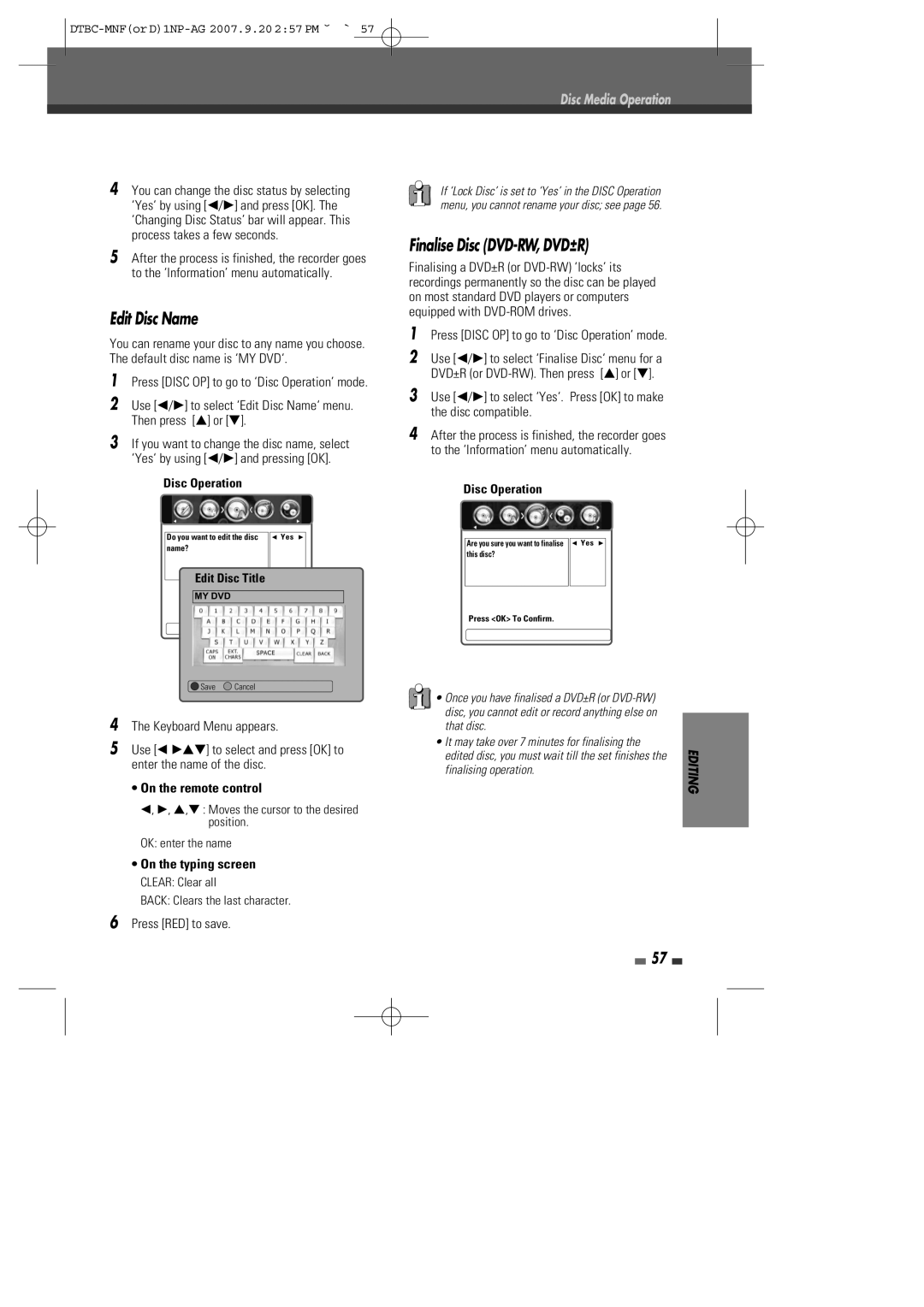 Daewoo DRVT-40, DRVT-43 Edit Disc Name, Finalise Disc DVD-RW, DVD±R, Back Clears the last character Press RED to save 