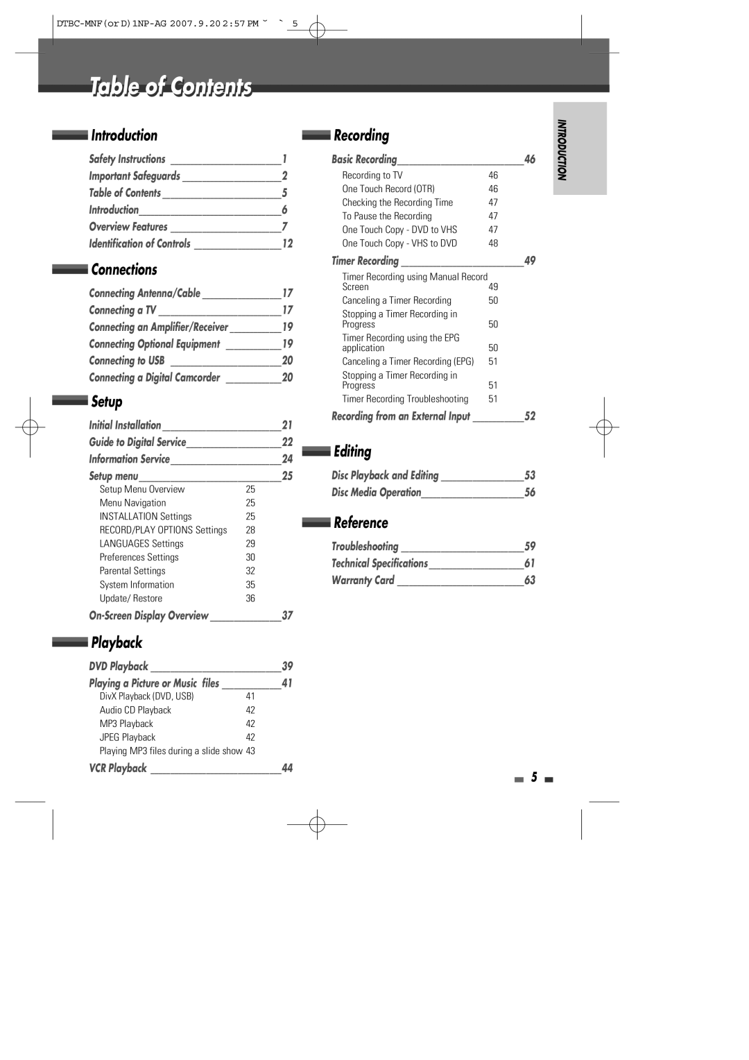 Daewoo DRVT-40, DRVT-43 instruction manual Table of Contents 