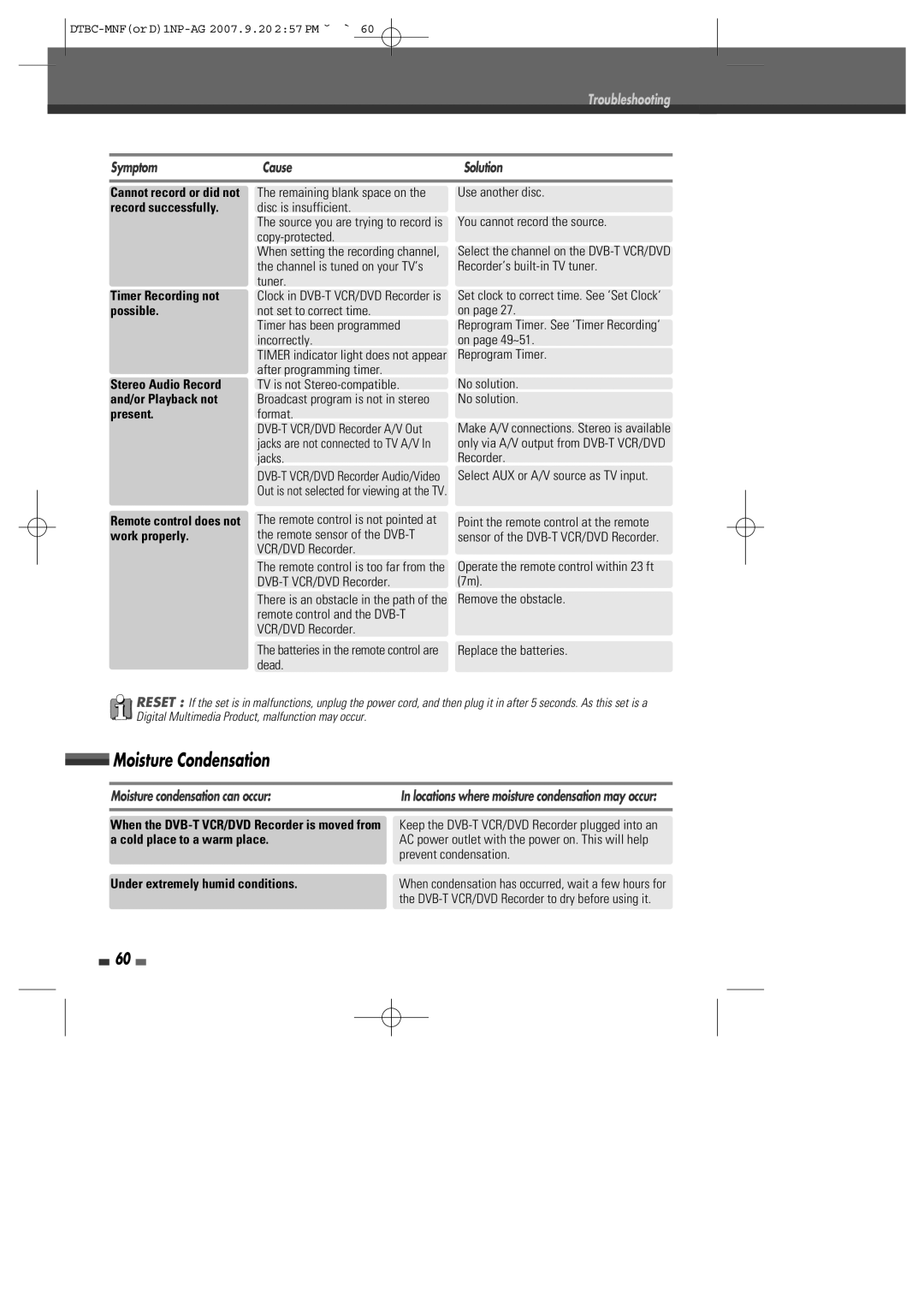 Daewoo DRVT-43, DRVT-40 instruction manual Moisture Condensation, Moisture condensation can occur 