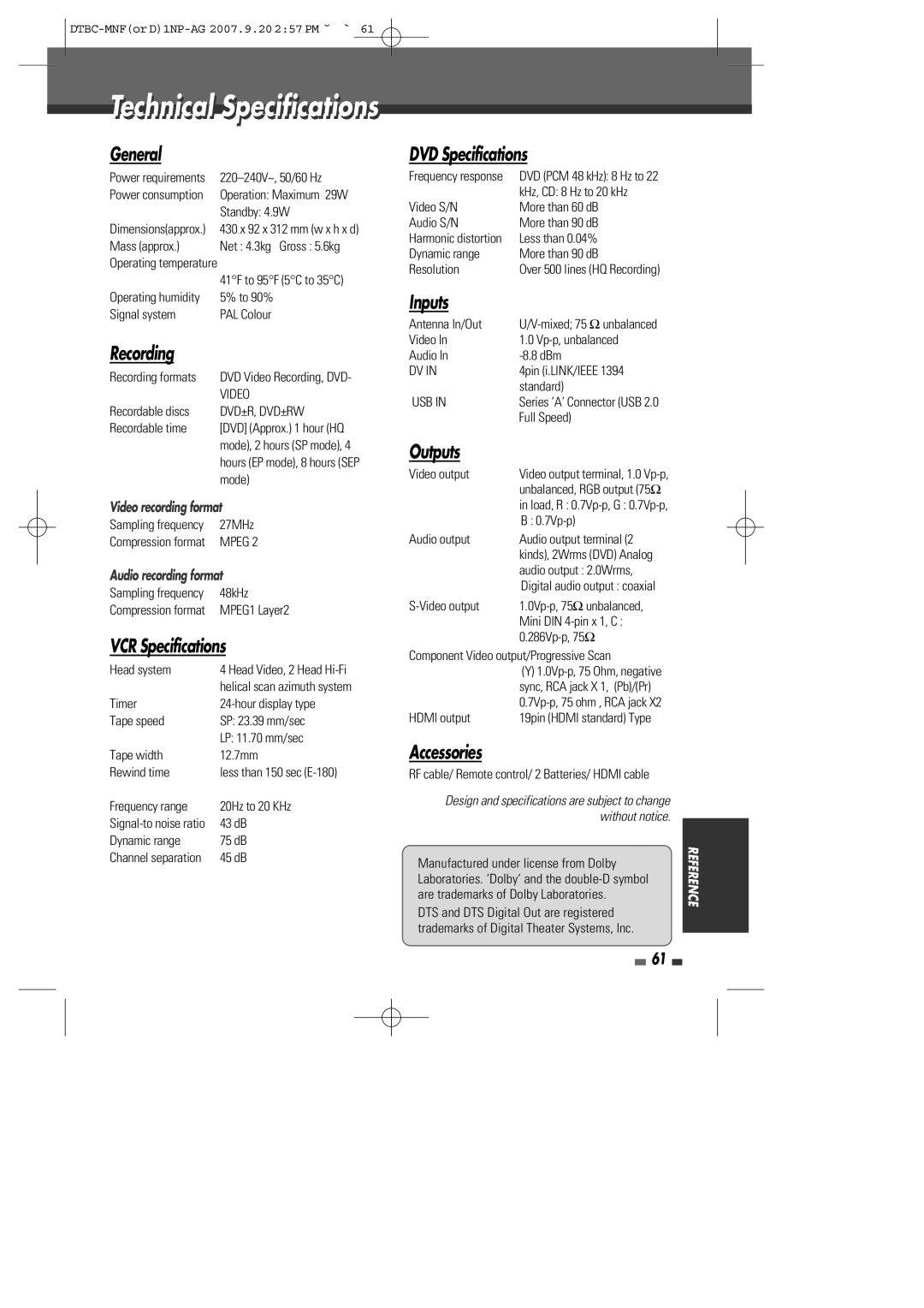 Daewoo DRVT-40, DRVT-43 General, Recording, VCR Specifications, DVD Specifications, Inputs, Outputs, Accessories 