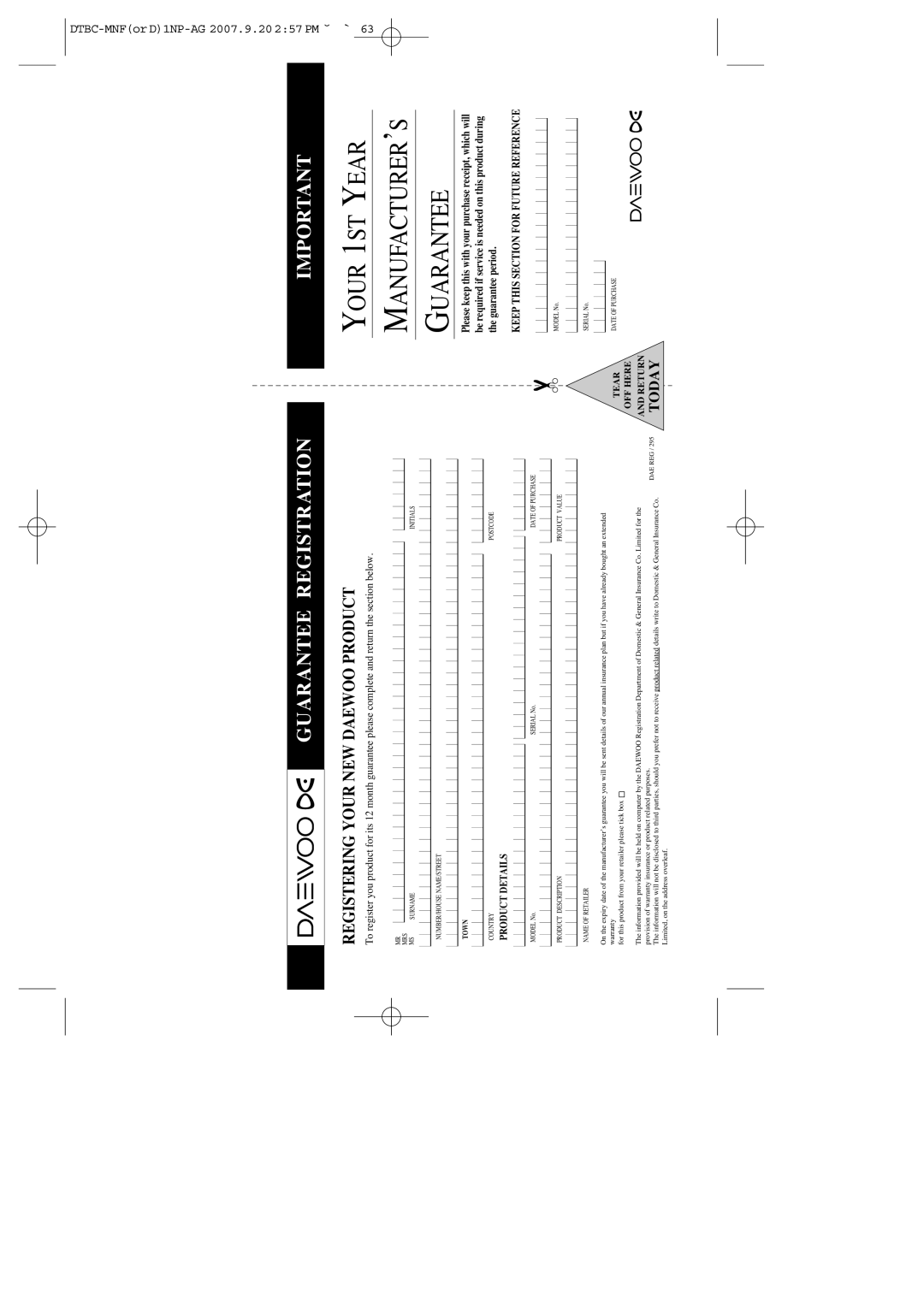 Daewoo DRVT-40, DRVT-43 instruction manual Your 1ST Year MANUFACTURER’S Guarantee 