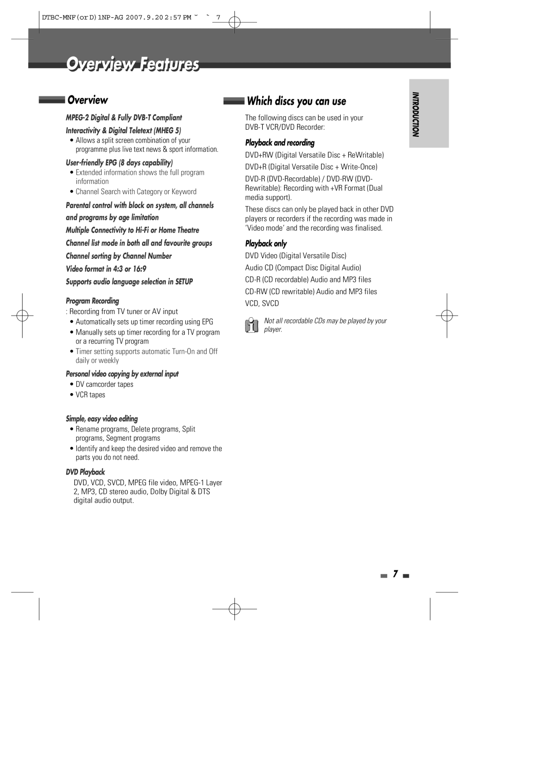 Daewoo DRVT-40, DRVT-43 Overviewi Featurest, Which discs you can use, Playback and recording, Playback only 