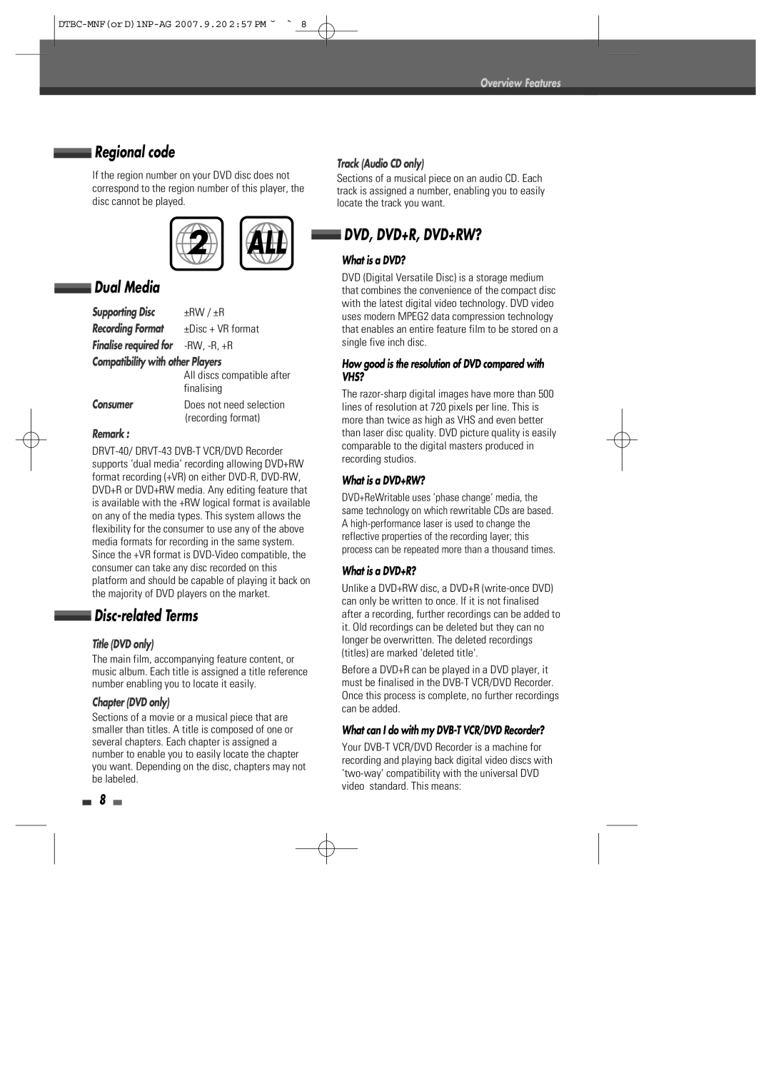 Daewoo DRVT-43, DRVT-40 instruction manual Regional code, Dual Media, Disc-related Terms 