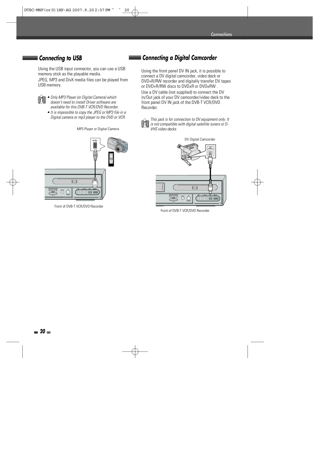 Daewoo DRVT-43, DRVT-40 instruction manual Connecting to USB, Connections, Connecting a Digital Camcorder 