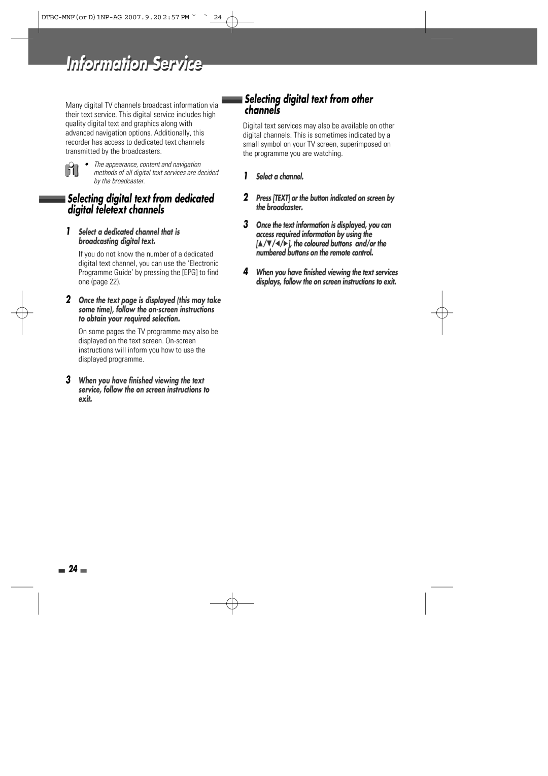 Daewoo DRVT-43, DRVT-40 instruction manual Information Service, Selecting digital text from other channels, Select a channel 