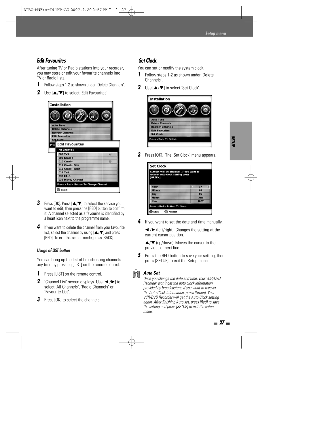 Daewoo DRVT-40, DRVT-43 instruction manual Edit Favourites, Set Clock, Usage of LIST button, Setup menu 