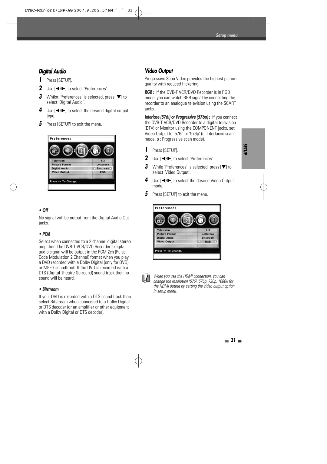 Daewoo DRVT-40, DRVT-43 instruction manual Digital Audio, Video Output, Bitstream, Setup menu 